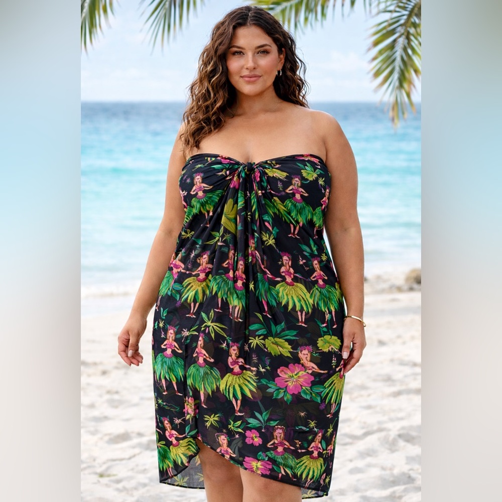 Hawaiian Beaded Hula Sarong Wrap 84x32 Black Floral swimsuit cover up Pareo Tiki
